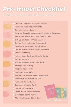 the travel checklist is shown on a pink background