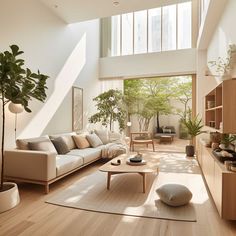 a living room filled with lots of furniture next to a tall ceiling mounted planter