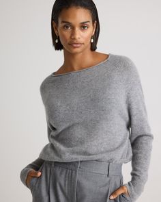 Our best-selling cashmere gets a modern twist with this relaxed-fit Mongolian Cashmere Boatneck. Made from 100% Grade A cashmere, it’s luxuriously soft and can be styled off the shoulder for an edgier look. We’ve enhanced our cashmere to be smoother, cozier, and more substantial than ever. Soft, cozy, affordable cashmere is not too good to be true.  | Quince | Women's Mongolian Cashmere Boatneck Sweater in Heather Grey, Size XS Chic Cashmere Tops In Solid Color, Chic Solid Cashmere Tops, Chic Everyday Cashmere Tops, Chic Cashmere Soft Knit Tops, Chic Soft Knit Cashmere Tops, 100 Grade, Boyfriend Cardigan, Too Good To Be True, Boatneck Sweater