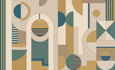 an art deco style wallpaper with geometric shapes and lines in shades of blue, green, beige and gold