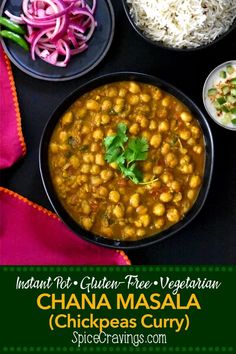 chana masala chickpeas curry served with white rice and red onion garnish