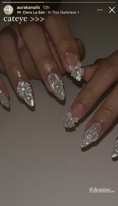 Glitter Party Nails, Nail Designs For Wedding The Bride, Sparkly Snowflake Nails, Silver Gem Nails, White Nails With Designs Glitter, Korean Wedding Nails, Sugar Nails Acrylic, White Nails With Silver Glitter, Silver Birthday Nails