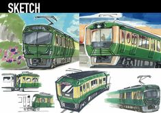 sketches of green and yellow train cars in various stages of construction, from top to bottom