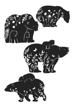 three black and white silhouettes of bears with flowers on their backs, one in the shape of a bear