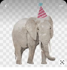 an elephant with a party hat on it's head standing in front of a white background