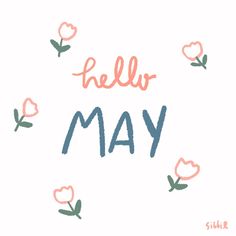 the words hello may written in blue and pink ink with flowers around it on a white background