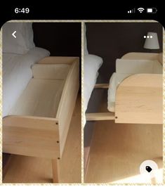 two pictures of a small bed with a night stand