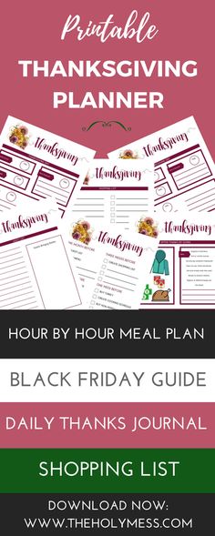 the printable thanksgiving meal planner is shown in red, green and white with text that reads