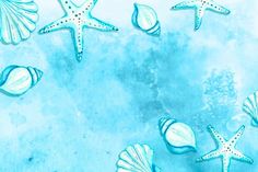 starfish and seashells are depicted on a blue watercolor background with space for text