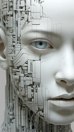 a woman's face is made up of many wires and lines that are connected to each other