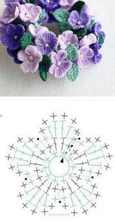 crocheted flowers are shown in two different pictures, one is purple and the other is green