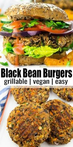 black bean burgers with grilled vegetables and lettuce on the side are shown