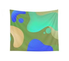 an abstract painting with blue, green and yellow colors on a white wall hanging tapestry