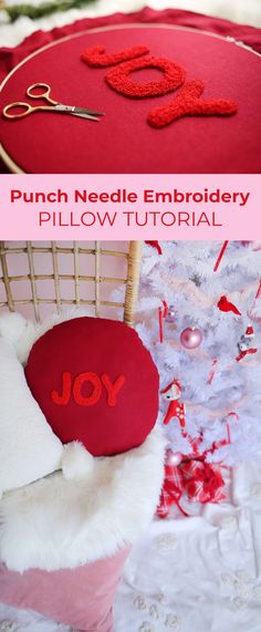 an embroidered pillow with the words punch needle embroidery on it next to a christmas tree