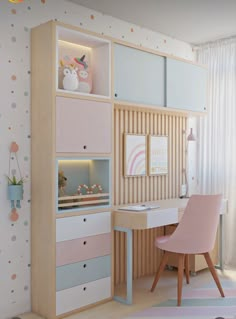 a child's desk and chair in a room with polka dots on the walls