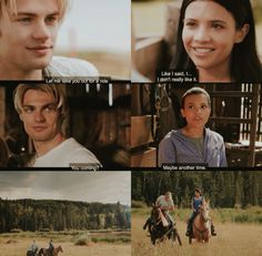 the twilight saga movie scene with two people riding horses and one person on horseback in the background