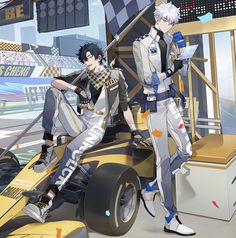 two anime characters sitting on top of a race car