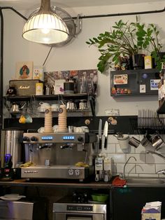 a coffee bar with plants and other items on the shelves above it, along with various kitchen utensils