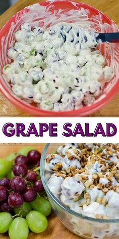 grapes, grapes and grapes salad in bowls with the words grape salad above them on top