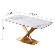 a table with a marble top and gold metal base, measurements for the legs are shown