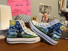 Hand painted starry night platform high top converse. Can paint any shoe size! Perfect for a holiday gift. Costume Converse, Platform High Top Converse, Converse Ideas, Painted Converse, Starry Night Painting, High Top Converse, Platform Converse, Starry Night Van Gogh, Book Nook