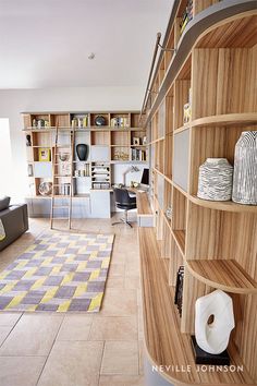 a living room filled with furniture and lots of shelves