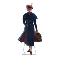 a drawing of a woman in a blue coat and hat with a purse on her shoulder