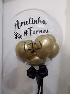 three balloons with faces drawn on them in front of a sign that says, amelinha tormeu