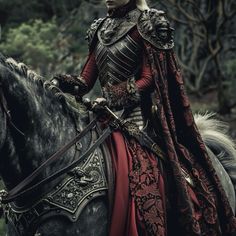 a woman dressed in red riding on the back of a horse