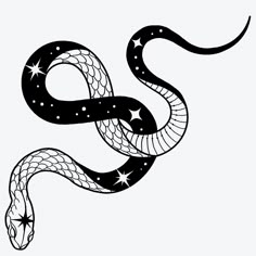 a black and white drawing of a snake with stars on its tail, in the shape of a letter s