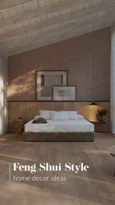 a large bed sitting in the middle of a bedroom next to a wooden wall and floor