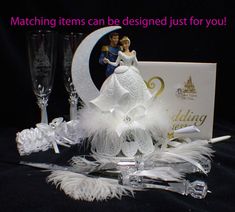 wedding items are displayed next to a card and wine glass with the words, matching items can be designed just for you