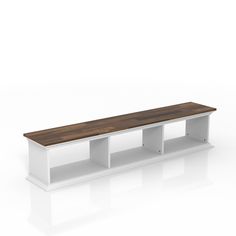 a white and wood bench with two shelves on each side, in front of a white background