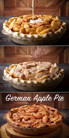 an apple pie is being served in three different ways