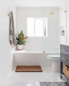 a bathroom with a toilet, sink and bathtub next to a plant in a pot