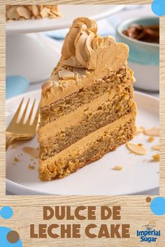 a piece of cake with peanut butter frosting on top and the words dulce de leche cake above it