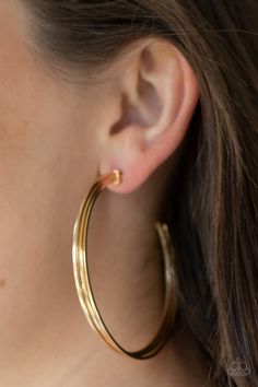 Three flat gold bars curl around the ear, boldly stacking into an edgy hoop. Hoop measures approximately 2 1/2" in diameter.

 Sold as one pair of hoop earrings. Paparazzi Jewelry Images, Live Text, Gold Bars, Nickel Free Jewelry, The Ear, Paparazzi Accessories, Red Earrings, Paparazzi Jewelry, Bracelet Clasps