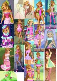 many different pictures of barbie dolls and their outfits