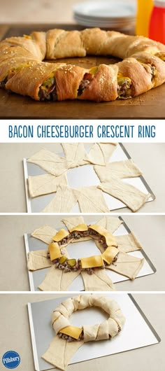 bacon cheeseburger crescent ring is displayed on a table