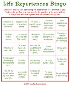 the life experiences bingo game is shown in red and green with white writing on it