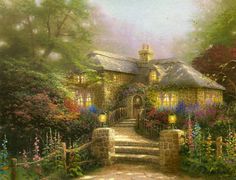 a painting of a house surrounded by flowers and greenery with stairs leading up to it