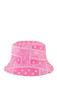 Bandana Print Bucket Hat This hat features a trendy bandana print, adding a touch of style to any outfit. Protect yourself from the sun while looking fashionable with this versatile bucket hat. Made In: China Trendy Adjustable Bucket Hat For Beach Season, Bohemian Bandana For Beach In Summer, Summer Cotton Bandana With Bandana Print, Cotton Bandana With Bandana Print For Summer, Summer Vacation Bandana, Trendy Short Brim Bucket Hat For Beach Season, Bohemian Adjustable Bandana For Vacation, Pink Casual Bucket Hat For Vacation, Trendy Bandana For Summer, One Size Fits Most