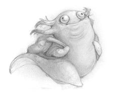 a pencil drawing of a fish with its mouth open and eyes wide open, sitting on top of a pillow