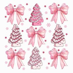 pink christmas trees with bows and snowflakes on the top one is drawn in watercolor