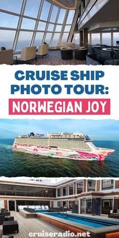 the cruise ship photo tour norwegian joy is on display in front of an ocean view