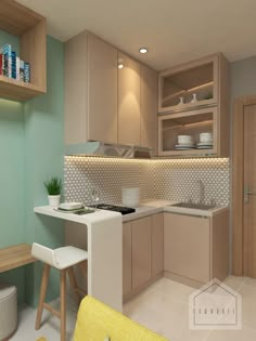 a small kitchen with light colored cabinets and white counter tops, along with a yellow chair