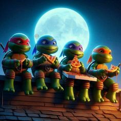 three teenaged turtles sitting on top of a roof eating pizza in front of the moon