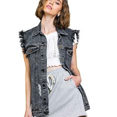 Retro Classic Statement Piece. Look Cool For Any Occasion With This Oversized Jean Vest! The Loose Boyfriend Fit Design Of This Lightweight Outerwear Makes It Easy To Layer Over Your Crop Tops, Band Tees And Summer Dresses. Made From A Breathable, Soft & Comfortable Denim Fabric Of 100% Cotton. It's All About The Details! Featuring Patches Of Distressing On The Acid Washed Fabric And Ripped Fringe On The Sleeveless Raw Hem Armholes. Just Ask For Available Sizes: Xs, S, M, L, Xl Item # Mm491 Casual Sleeveless Denim Top For Fall, Casual Black Denim Vest, Black Denim Casual Vest, Distressed Sleeveless Denim Vest For Fall, Distressed Denim Sleeveless Vest For Fall, Black Casual Denim Vest For Summer, Black Sleeveless Denim Vest, Casual Black Sleeveless Denim Vest, Black Sleeveless Denim Vest For Spring