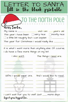 santa letter to santa printable for kids with the text merry santa and his reindeer hat