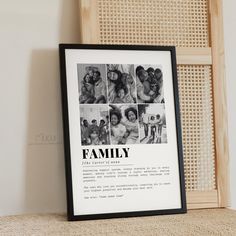 a black and white family photo hanging on a wall next to a wooden frame with the words family